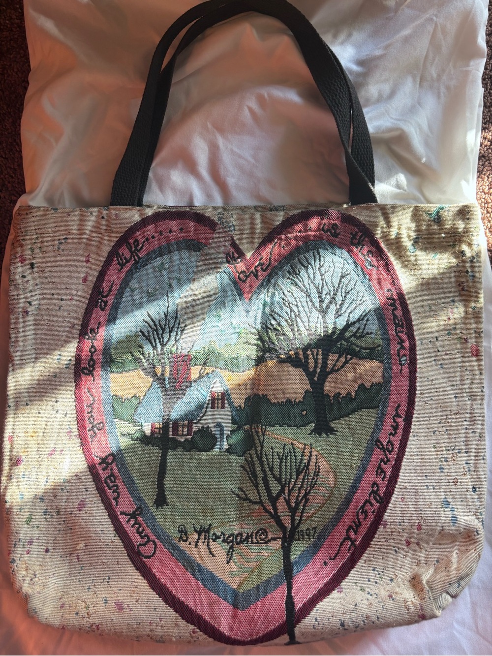 90s Vintage Heart Landscape Canvas Tote Bag in Pink and Beige